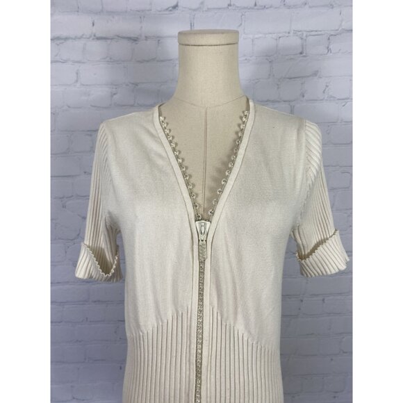 ⭐ 3/$15 Belldini Medium Cream Knit Ribbed Rhinestone Zipper Sweater - Picture 3 of 7